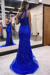 Dreamyannie Corset Long Royal Blue Prom Dress Mermaid One Shoulder Formal Dress With Slit