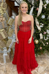 Dreamyannie Corset Red Prom Dress Ruffled Long Formal Dress