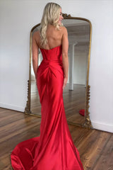 Dreamyannie Corset Red Prom Dress Satin Sweetheart Formal Dress With Slit