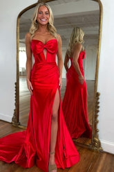 Dreamyannie Corset Red Prom Dress Satin Sweetheart Formal Dress With Slit
