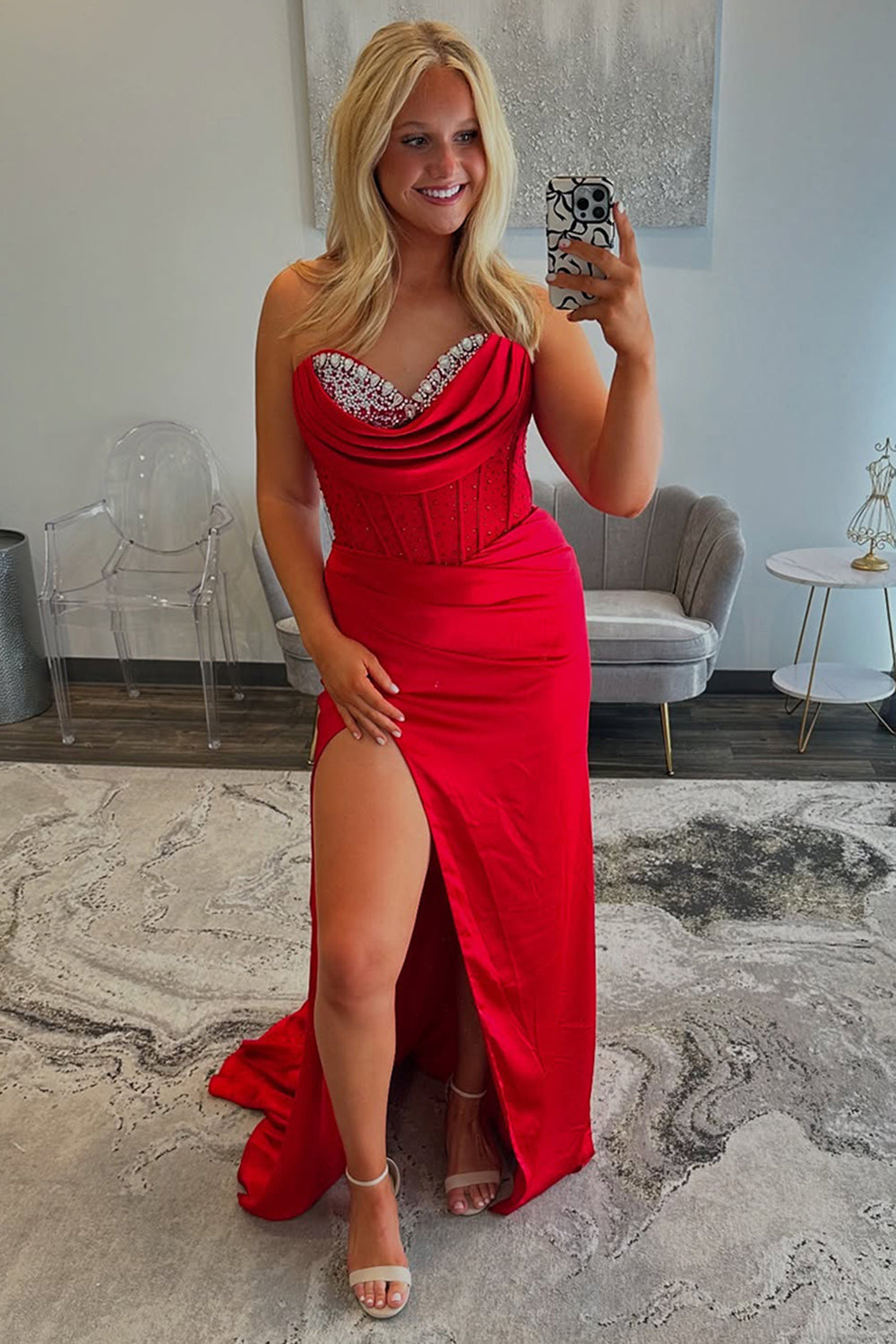 Dreamyannie Corset Red Prom Dress Sweetheart Formal Dress With Beadings