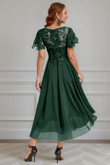 Dreamyannie Dark Green Beaded A Line Tea Length Mother Of The Bride Dress With Lace