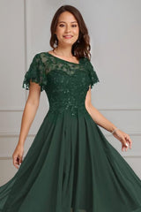Dreamyannie Dark Green Beaded A Line Tea Length Mother Of The Bride Dress With Lace