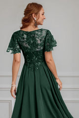 Dreamyannie Dark Green Beaded A Line Tea Length Mother Of The Bride Dress With Lace