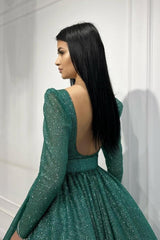 Dreamyannie Dark Green Prom Dress A Line Sequined Ankle Length Formal Dress With Sleeves