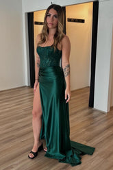 Dreamyannie Dark Green Prom Dress Corset Strapless Long Formal Dress With Slit