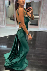 Dreamyannie Dark Green Prom Dress Floral Mermaid Spaghetti Straps Long Formal Dress