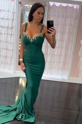 Dreamyannie Dark Green Prom Dress Floral Mermaid Spaghetti Straps Long Formal Dress