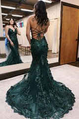 Dreamyannie Dark Green Prom Dress Mermaid Lace-Up Back Long Formal Dress With 3D Flowers