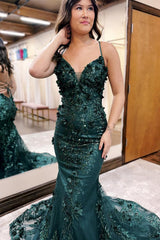 Dreamyannie Dark Green Prom Dress Mermaid Lace-Up Back Long Formal Dress With 3D Flowers