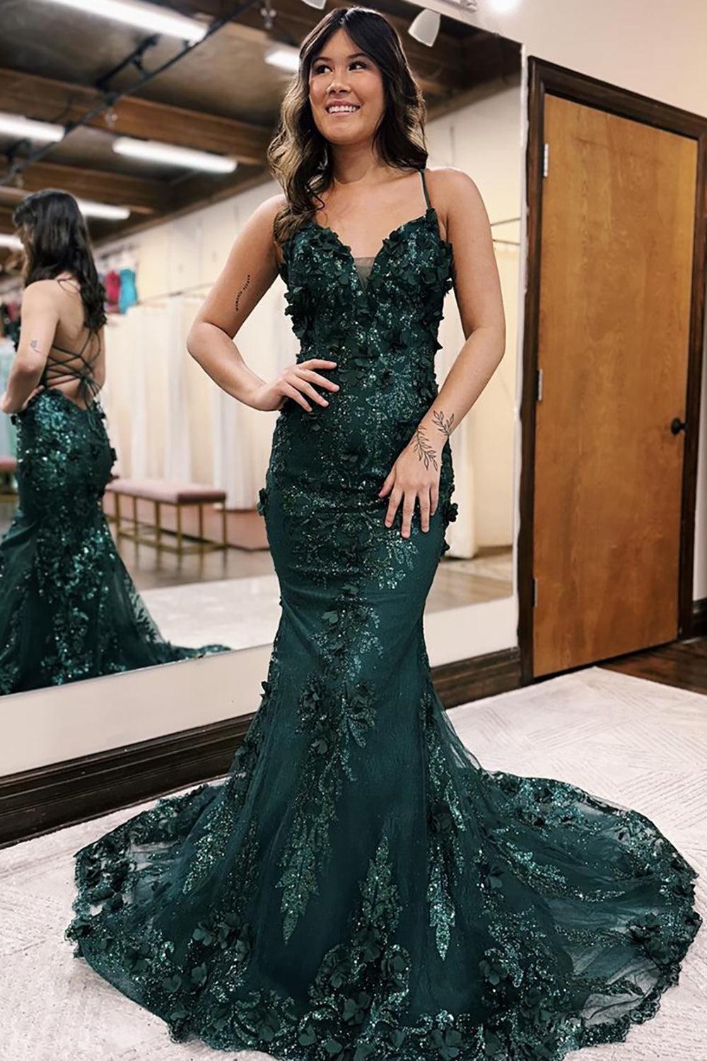 Dreamyannie Dark Green Prom Dress Mermaid Lace-Up Back Long Formal Dress With 3D Flowers