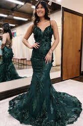 Dreamyannie Dark Green Prom Dress Mermaid Lace-Up Back Long Formal Dress With 3D Flowers