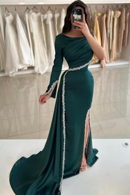 Dreamyannie Dark Green Prom Dress Mermaid One Shoulder Beaded Panel Train Satin Slit Formal Dress