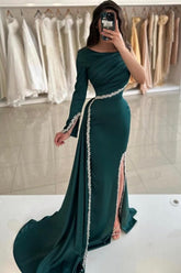 Dreamyannie Dark Green Prom Dress Mermaid One Shoulder Beaded Panel Train Satin Slit Formal Dress