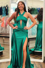 Dreamyannie Dark Green Prom Dress Mermaid Ruche Halter Long Formal Dress With Slit
