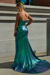 Dreamyannie Turquoise Prom Dress Mermaid Ruche Metallic Long Formal Dress With Slit