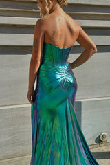 Dreamyannie Dark Green Prom Dress Mermaid Ruche Metallic Long Formal Dress With Slit