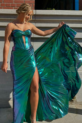 Dreamyannie Turquoise Prom Dress Mermaid Ruche Metallic Long Formal Dress With Slit