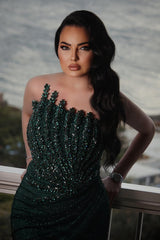 Dreamyannie Dark Green Prom Dress Mermaid Strapless Beaded Sleeveless Formal Dress With Rhinestones