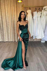 Dreamyannie Dark Green Prom Dress Mermaid Sweetheart Sequined Panel Train Satin Formal Dress With Slit
