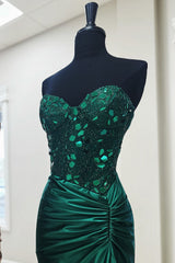 Dreamyannie Dark Green Prom Dress Mirror Mermaid Sweetheart Long Formal Dress With Slit