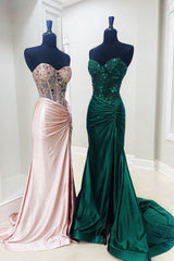 Dreamyannie Dark Green Prom Dress Mirror Mermaid Sweetheart Long Formal Dress With Slit
