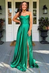 Dreamyannie Dark Green Prom Dress Satin Corset A Line Formal Dress With Slit
