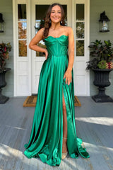 Dreamyannie Dark Green Prom Dress Satin Corset A Line Formal Dress With Slit
