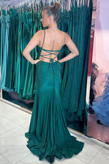 Dreamyannie Dark Green Prom Dress Sequined Mermaid Spaghetti Straps Long Formal Dress