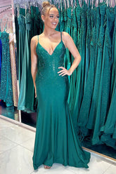 Dreamyannie Dark Green Prom Dress Sequined Mermaid Spaghetti Straps Long Formal Dress