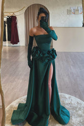Dreamyannie Dark Green Prom Dress Strapless A Line Sleeveless Slit Satin Formal Dress