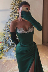 Dreamyannie Dark Green Prom Dress Sweetheart Mermaid Beaded Slit Formal Dress With Rhinestone