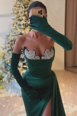 Dreamyannie Dark Green Prom Dress Sweetheart Mermaid Beaded Slit Formal Dress With Rhinestone