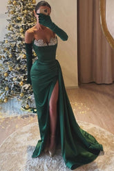 Dreamyannie Dark Green Prom Dress Sweetheart Mermaid Beaded Slit Formal Dress With Rhinestone