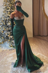 Dreamyannie Dark Green Prom Dress Sweetheart Mermaid Beaded Slit Formal Dress With Rhinestone