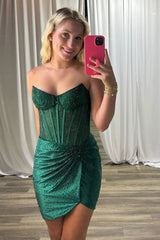 Dreamyannie Dark Green Tight Homecoming Dresses Ruched Short Corset Cocktail Dresses With Beading