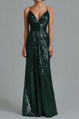 Dreamyannie Dark Green Wedding Guest Dress Mermaid Spaghetti Straps Sequins Long Formal Dress
