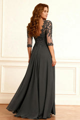 Dreamyannie Dark Grey Sheath Chiffon Floor Length Mother Of The Bride Dress With Cape