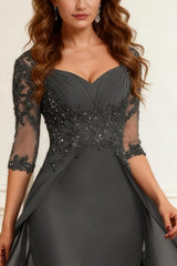 Dreamyannie Dark Grey Sheath Chiffon Floor Length Mother Of The Bride Dress With Cape