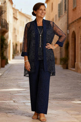 Dreamyannie Dark Navy Lace Floral 3 Piece Mother Of The Bride Pant Suits With Jacket