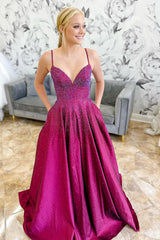 Dreamyannie Dark Purple Prom Dress A-Line Spaghetti Straps Long Formal Dress