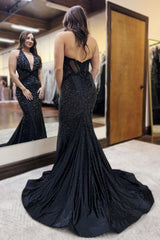 Dreamyannie Deep V-Neck Black Prom Dress Mermaid Formal Dress