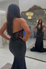 Dreamyannie Deep V-Neck Black Prom Dress Mermaid Formal Dress