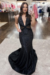 Dreamyannie Deep V-Neck Black Prom Dress Mermaid Formal Dress