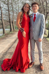 Dreamyannie Deep V-Neck Blue Prom Dress Mermaid Backless Long Formal Dress