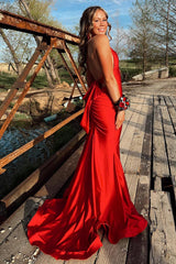 Dreamyannie Deep V-Neck Blue Prom Dress Mermaid Backless Long Formal Dress