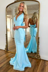 Dreamyannie Deep V-Neck Blue Prom Dress Mermaid Backless Long Formal Dress