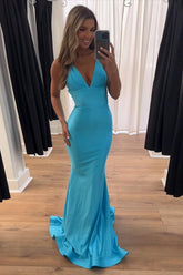 Dreamyannie Deep V-Neck Blue Prom Dress Mermaid Backless Long Formal Dress
