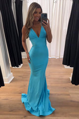 Dreamyannie Deep V-Neck Blue Prom Dress Mermaid Backless Long Formal Dress