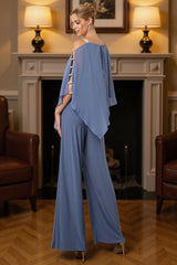 Dreamyannie Dusty Blue Chiffon Thick Straps 2 Piece Mother Of The Bride Pant Suits With Cape
